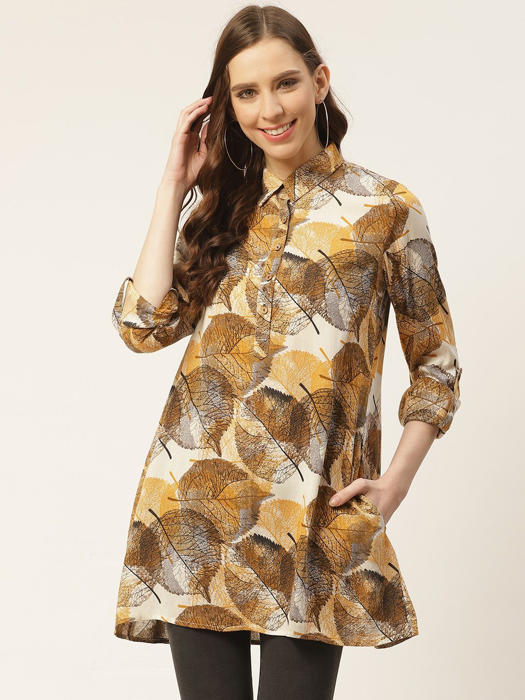 Rue Collection Women Mustard Yellow & Black Printed Shirt Style Tunic Price in India