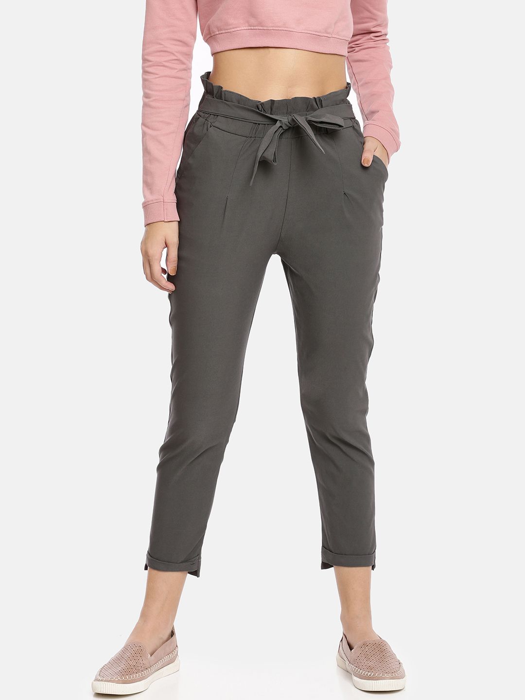 GOLDSTROMS Women Grey Slim Fit Solid Cropped Regular Trousers Price in India