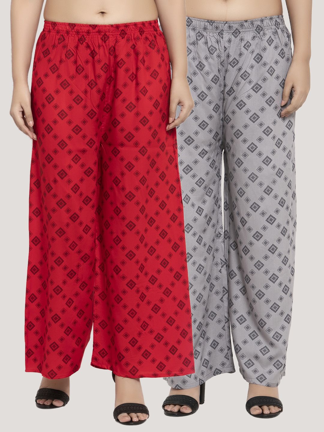 KLOTTHE Women Pack Of 2 Red & Grey Printed Straight Palazzos Price in India