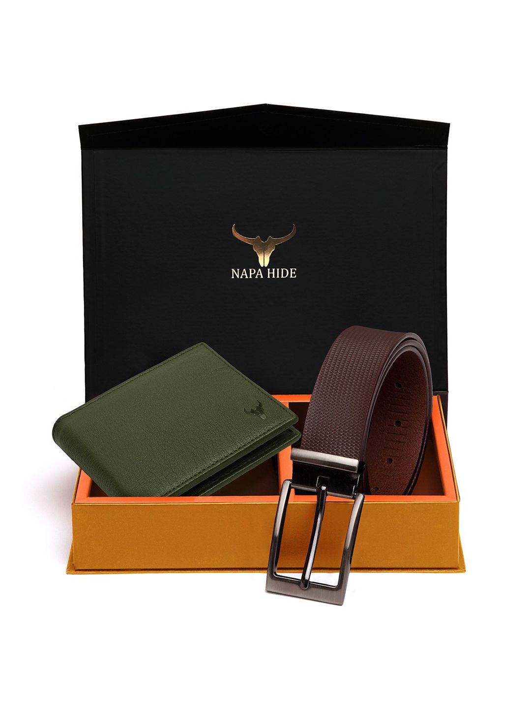NAPA HIDE Men Olive Green & Brown RFID Protected Genuine Leather Accessory Gift Set