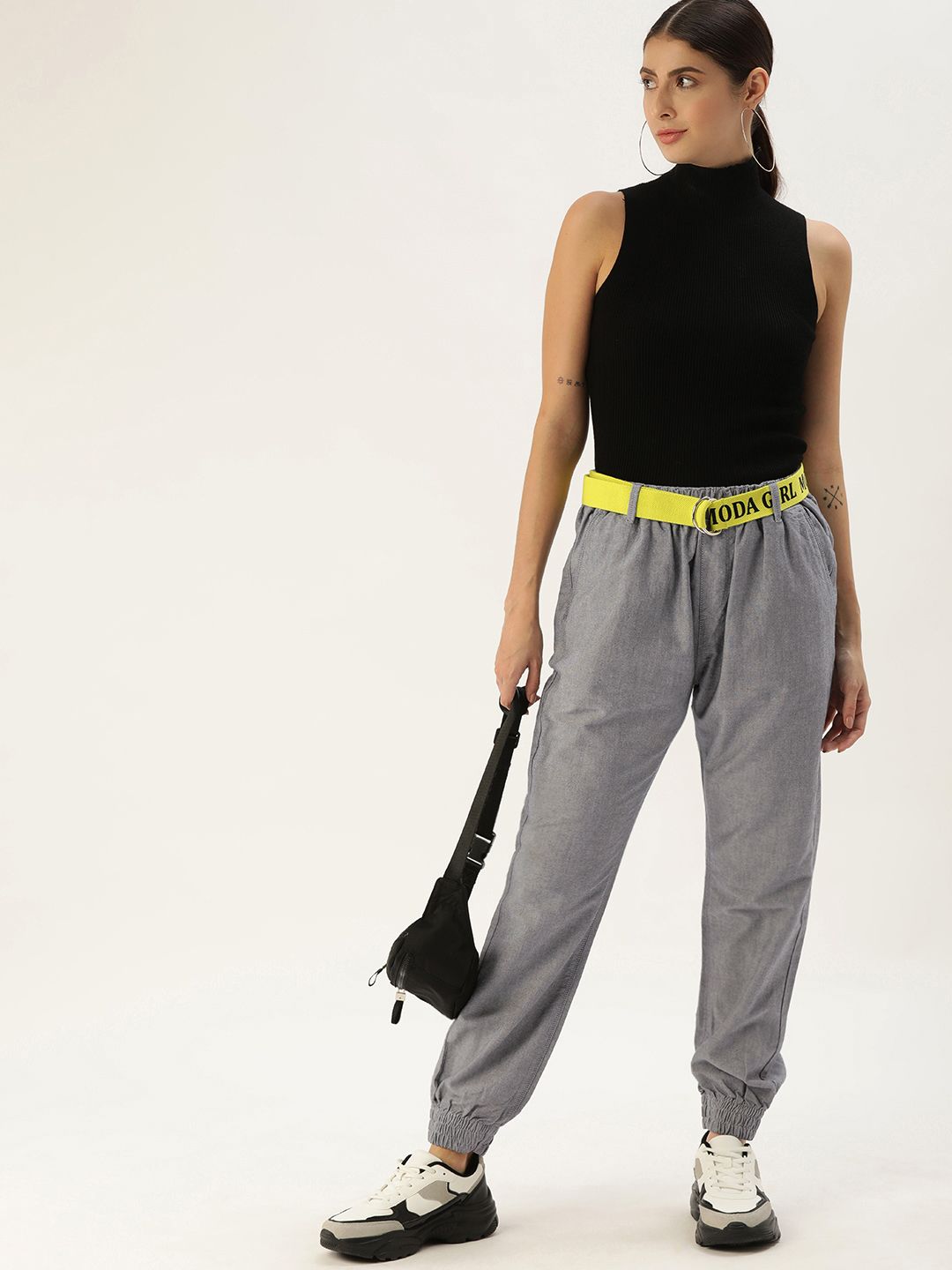 Moda Rapido Women Grey Pleated Joggers Trousers with Belt Price in India