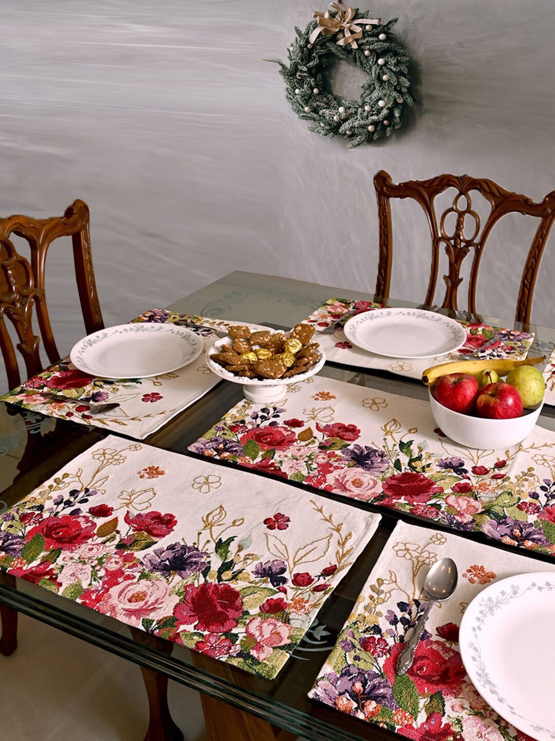 AVI Living Set of 6 Multicolored Jaquard Woven Winter Blossom Table Mats & 1 Runner Price in India