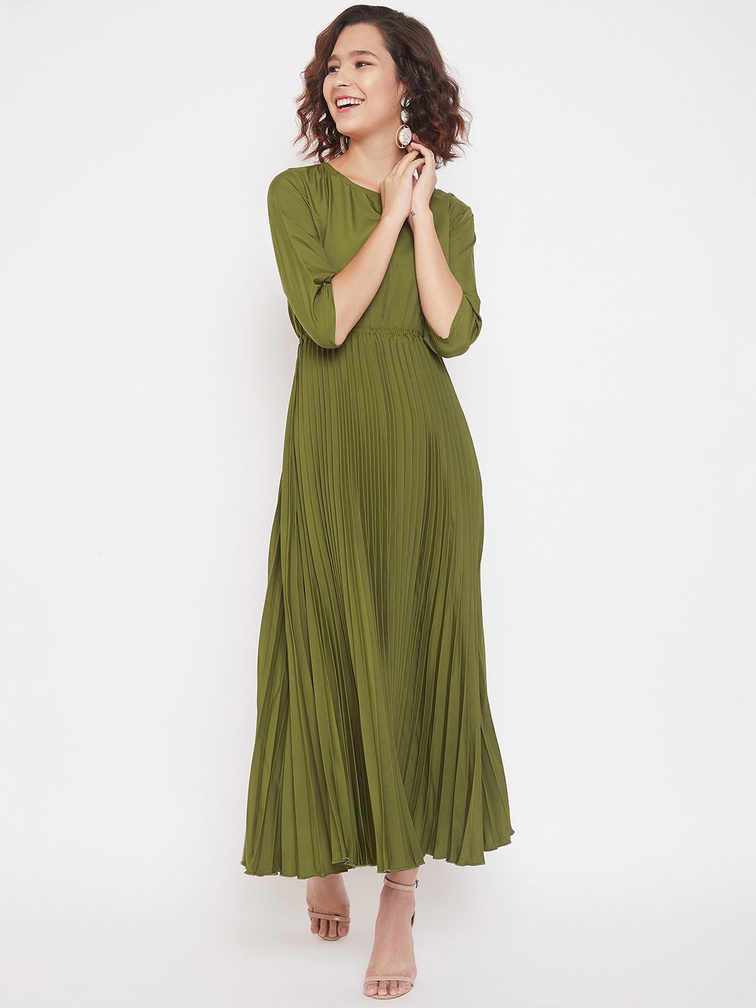 U&F Women Olive Green Solid Maxi Dress Price in India