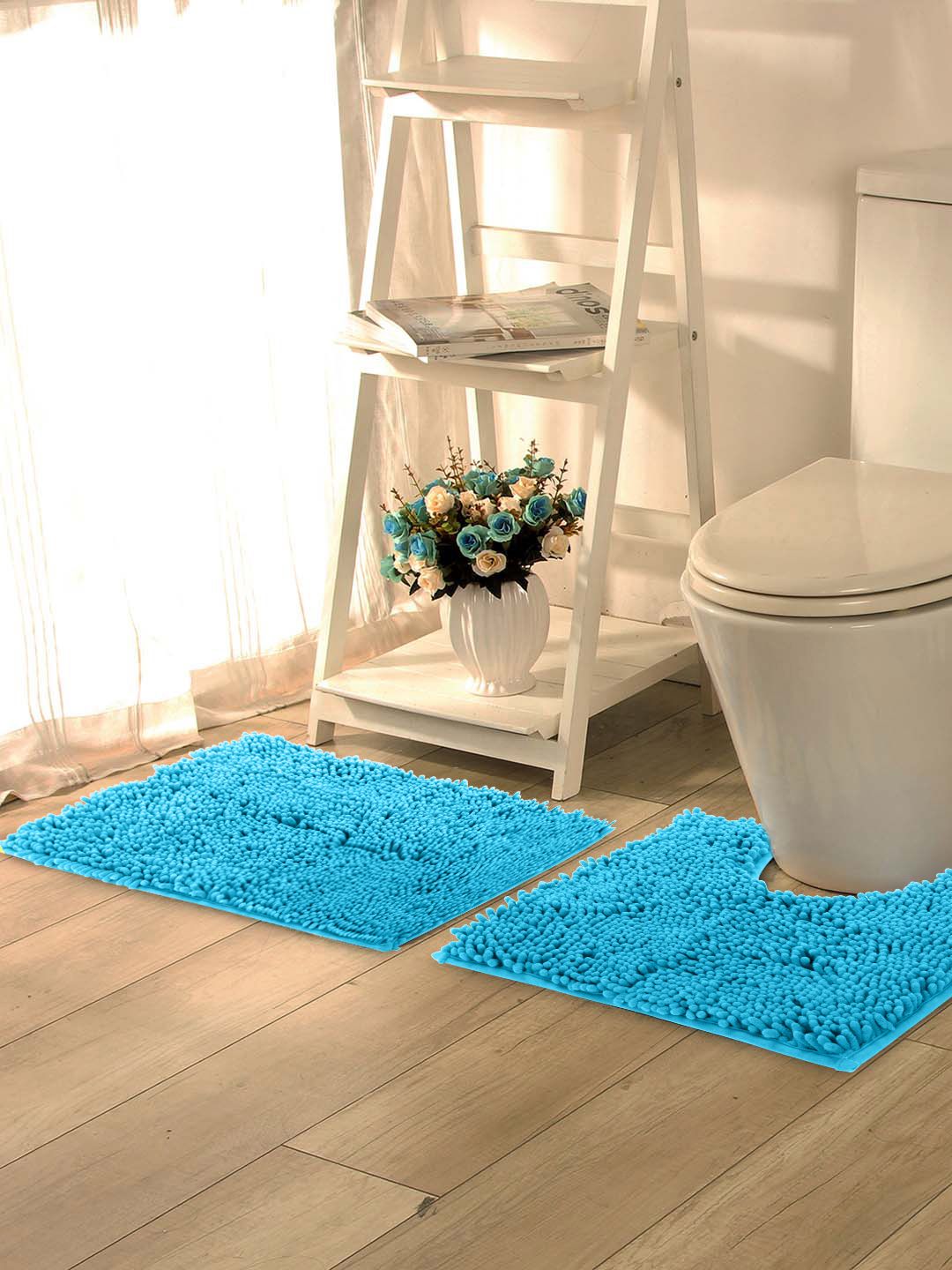 Lushomes Blue Set Of 2 Solid Bath Mats Price in India