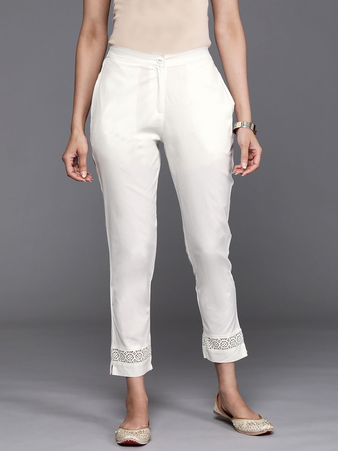 Libas Women Off White Pure Cotton Trousers Price in India
