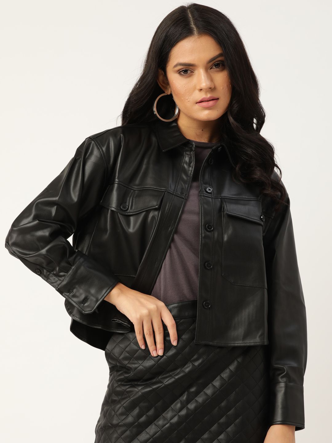 MANGO Women Black Solid Cropped Shacket Price in India