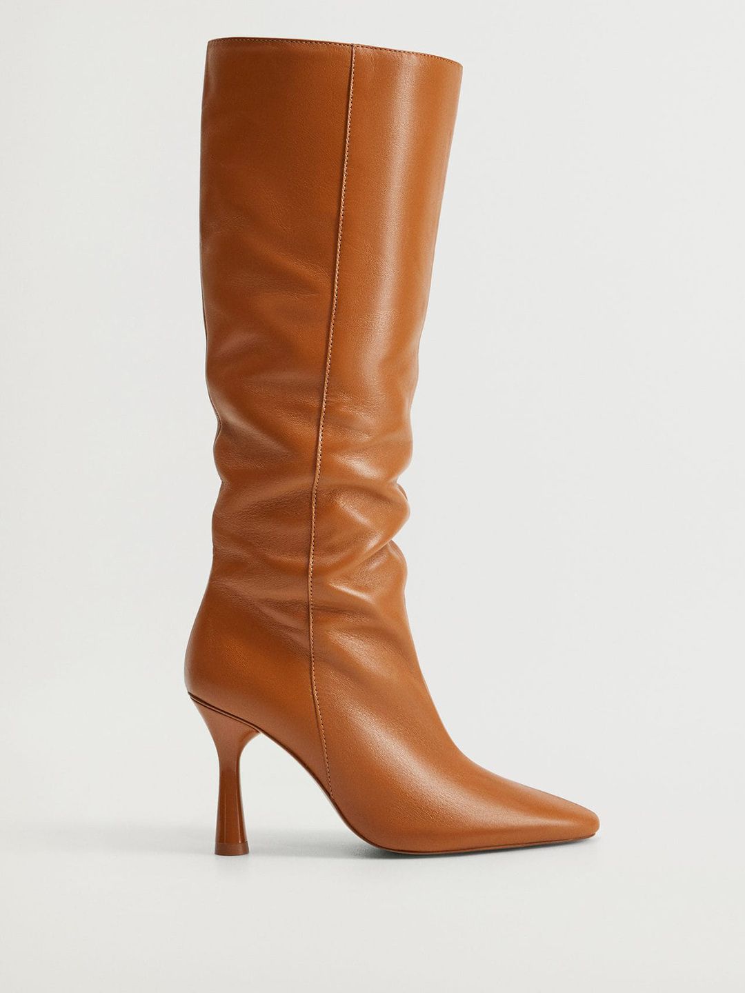 MANGO Women Tan Brown Solid High-Top Leather Slim Heel Slouchy Boots Price in India