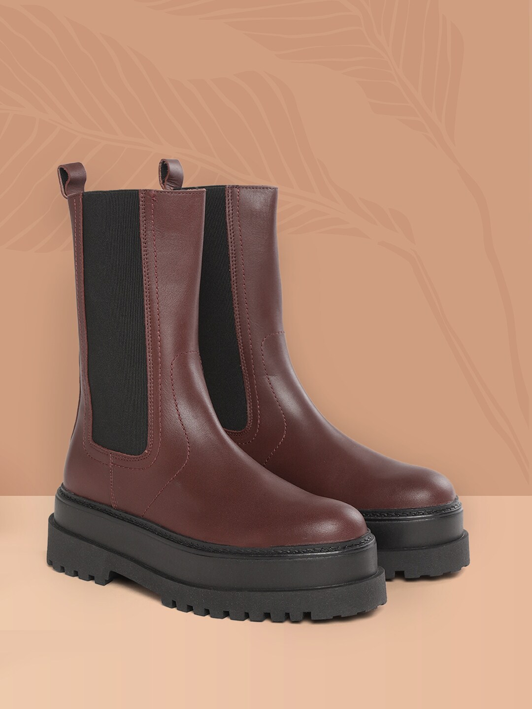 MANGO Women Burgundy Solid Leather High-Top Flatform Heeled Boots Price in India