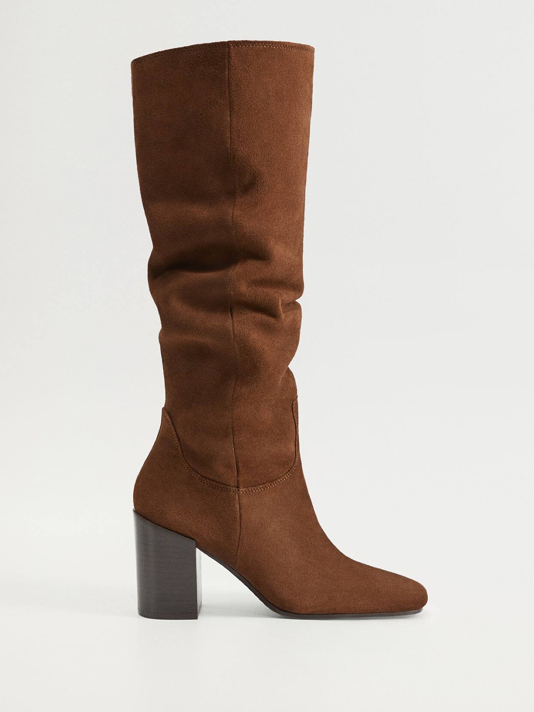 MANGO Women Coffee Brown Solid High-Top Leather Slim Heel Slouchy Boots Price in India