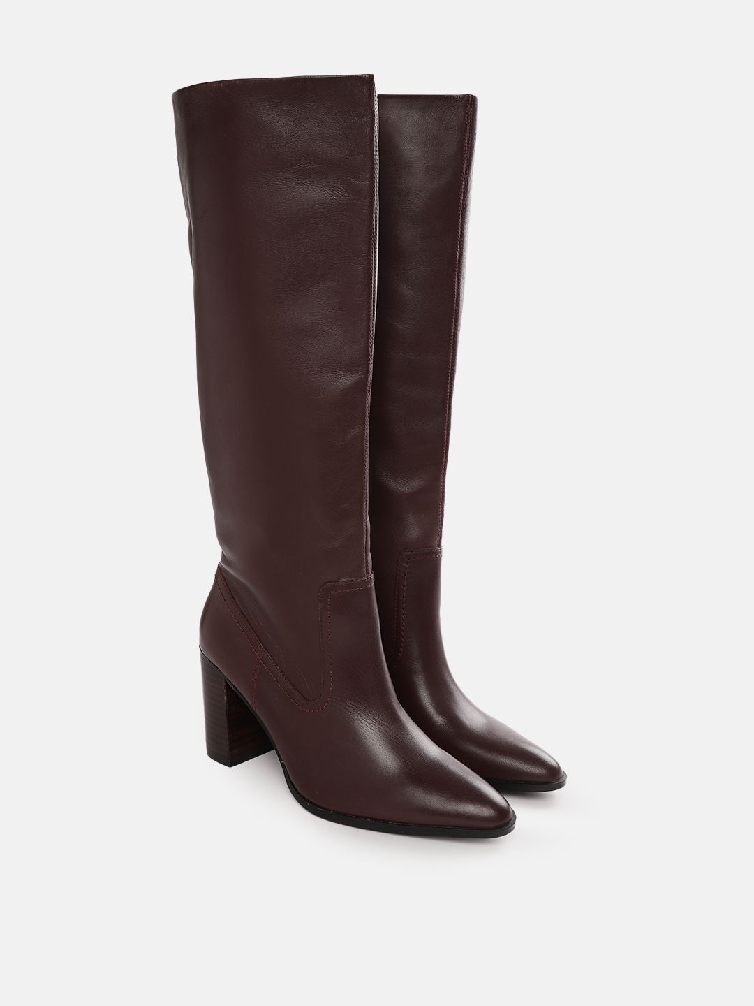 MANGO Women Burgundy Solid High-Top Block Heeled Boots Price in India