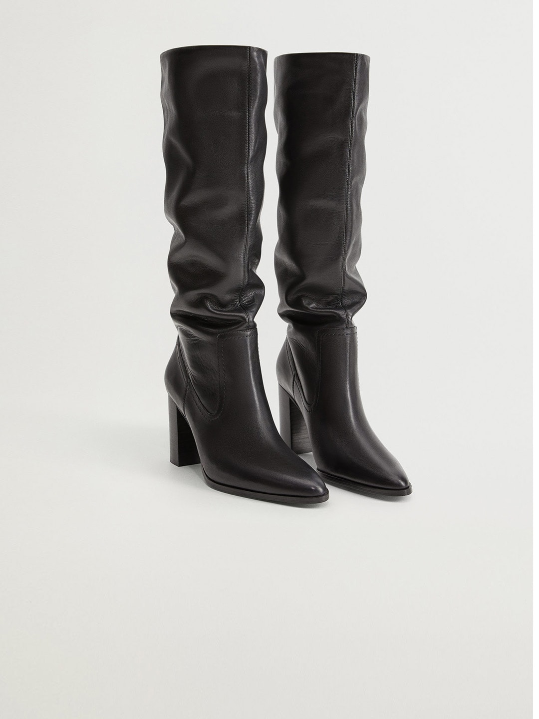 MANGO Black Solid Leather High-Top Block Heeled Boots Price in India