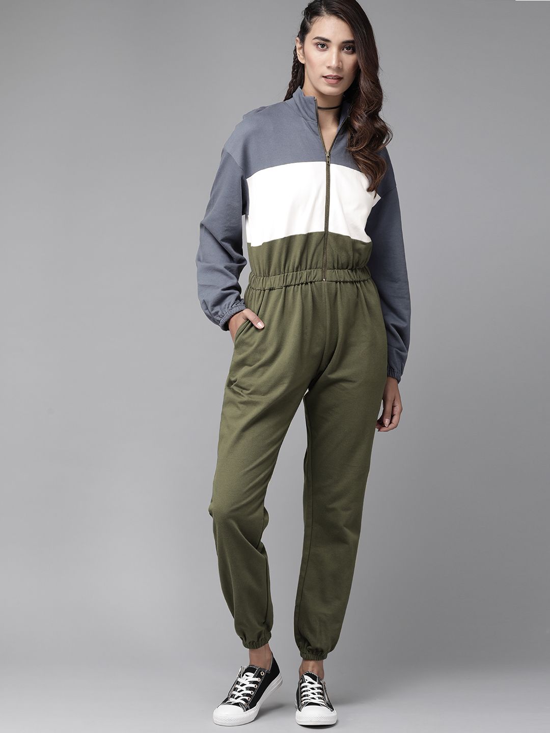 The Roadster Lifestyle Co Women Olive Green & Blue Colourblocked Pure Cotton Knitted Basic Jogger Jumpsuit Price in India