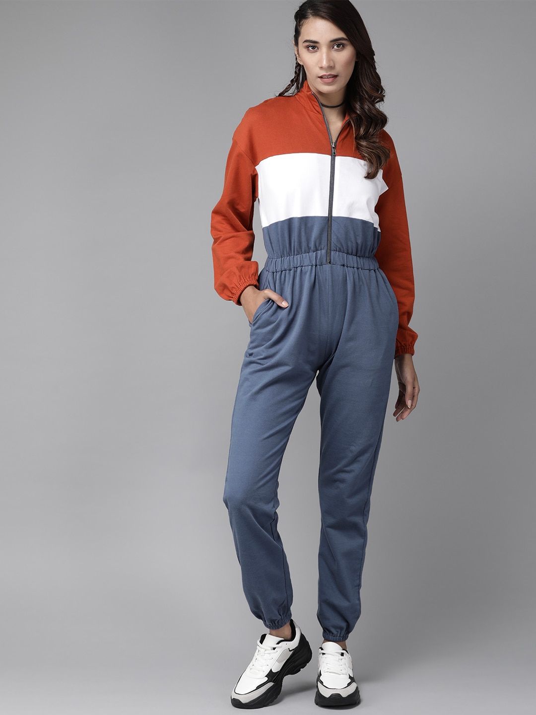 The Roadster Lifestyle Co Women Blue & Rust Orange Colourblocked Pure Cotton Knitted Basic Jogger Jumpsuit Price in India