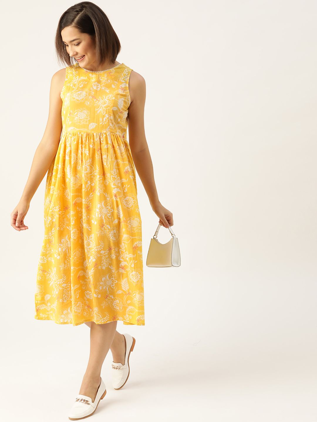 Anouk Yellow & White Ethnic Motifs Cotton A-Line Midi Dress Price in India