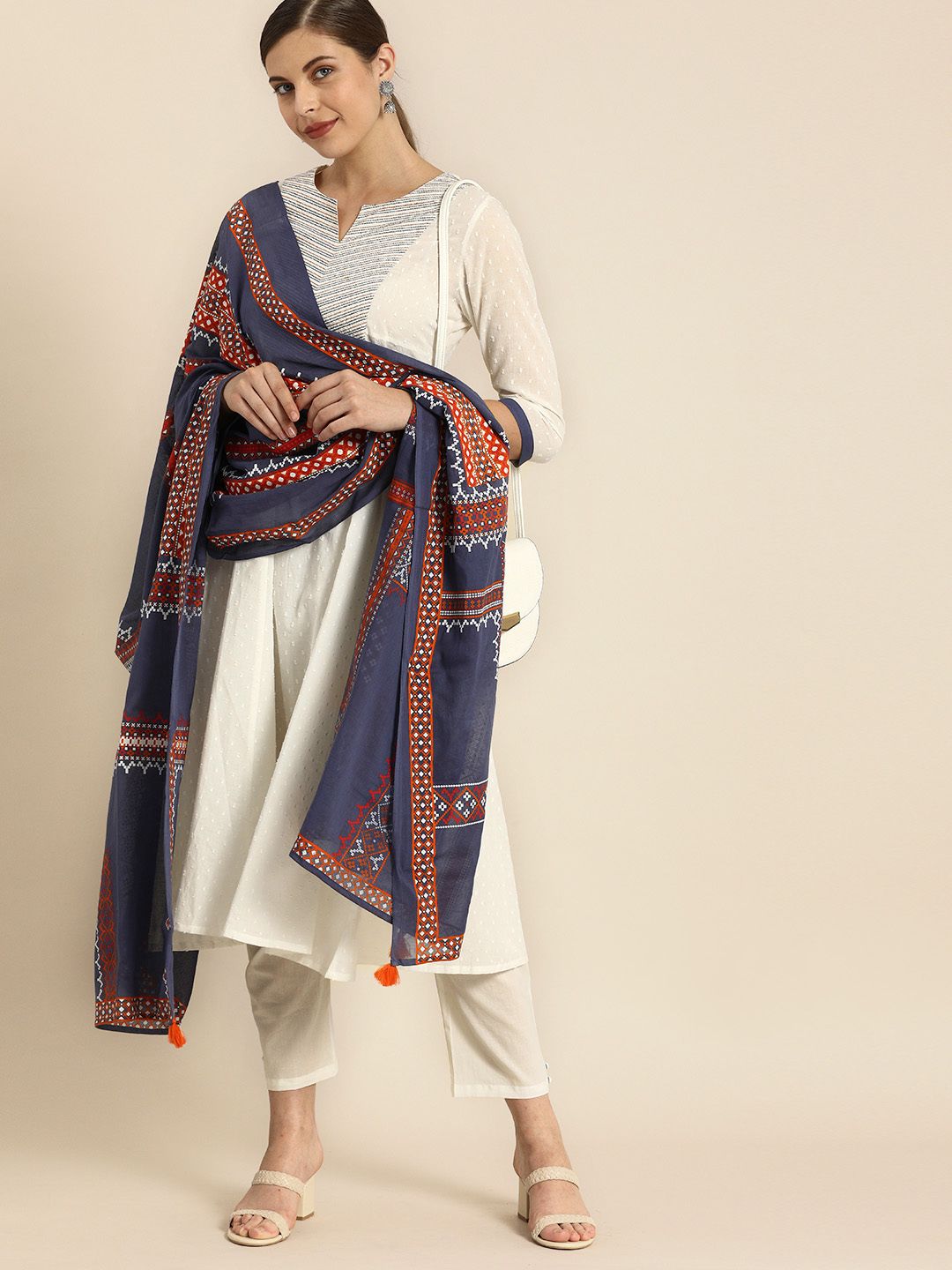 Anouk Women White Woven Design Kurta with Trousers & Dupatta Price in India