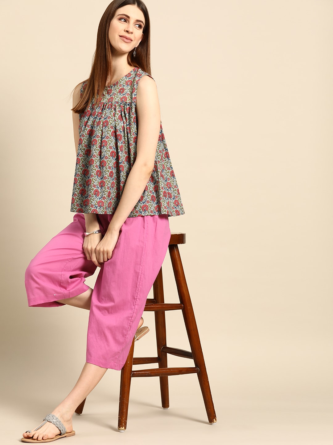 Anouk Women Taupe & Pink Printed Top with Trousers Price in India