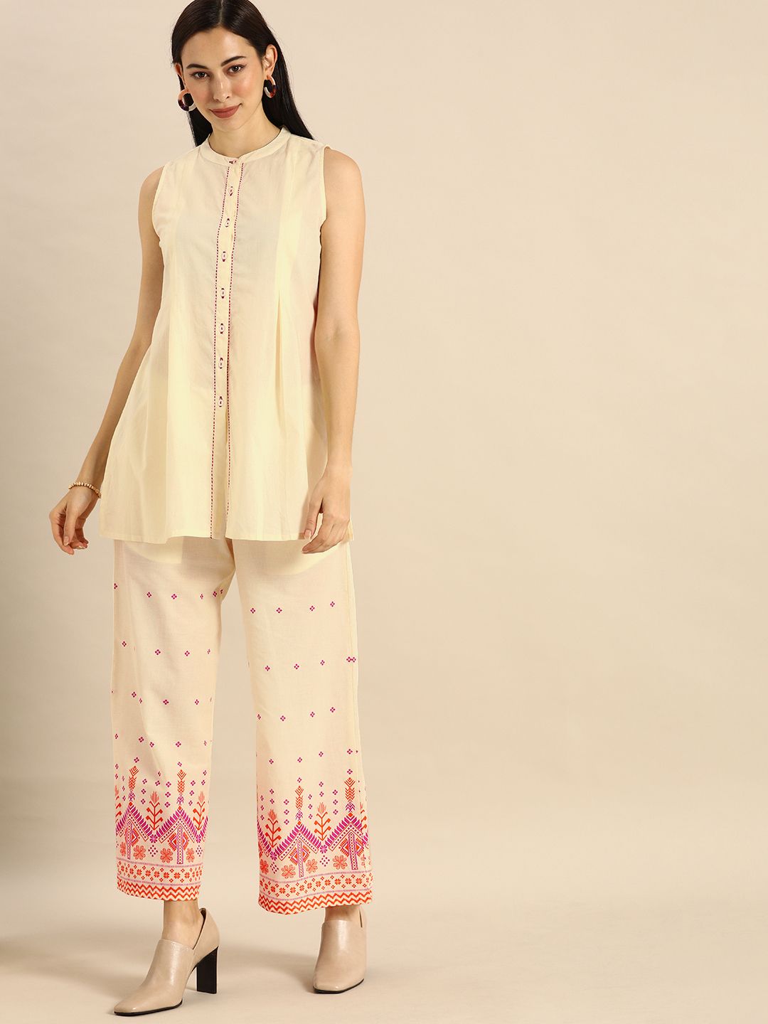 Anouk Women Cream-Coloured Solid Top with Palazzos