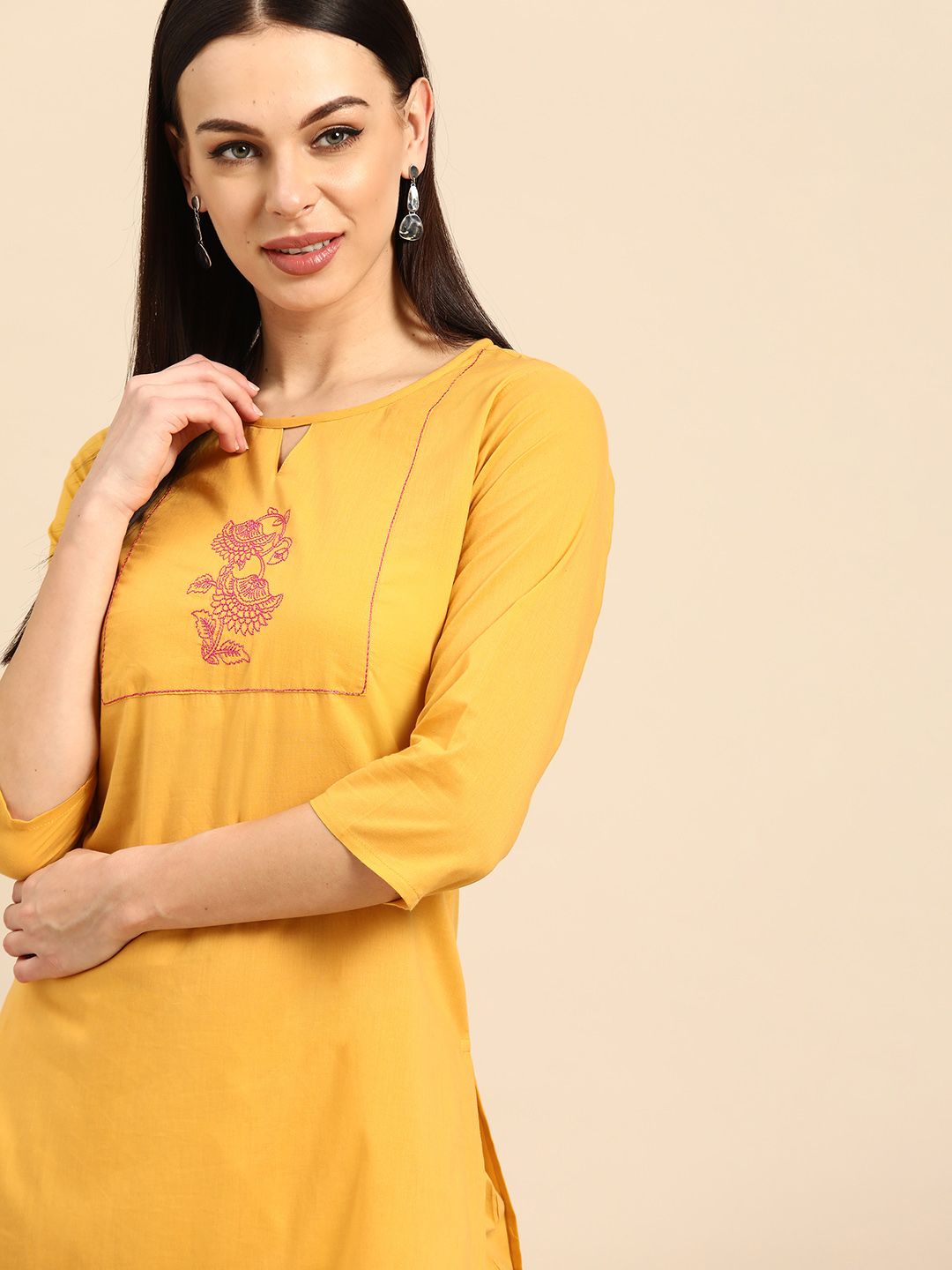 Anouk Women Mustard Yellow Yoke Design Pure Cotton Kurta with Trousers Price in India