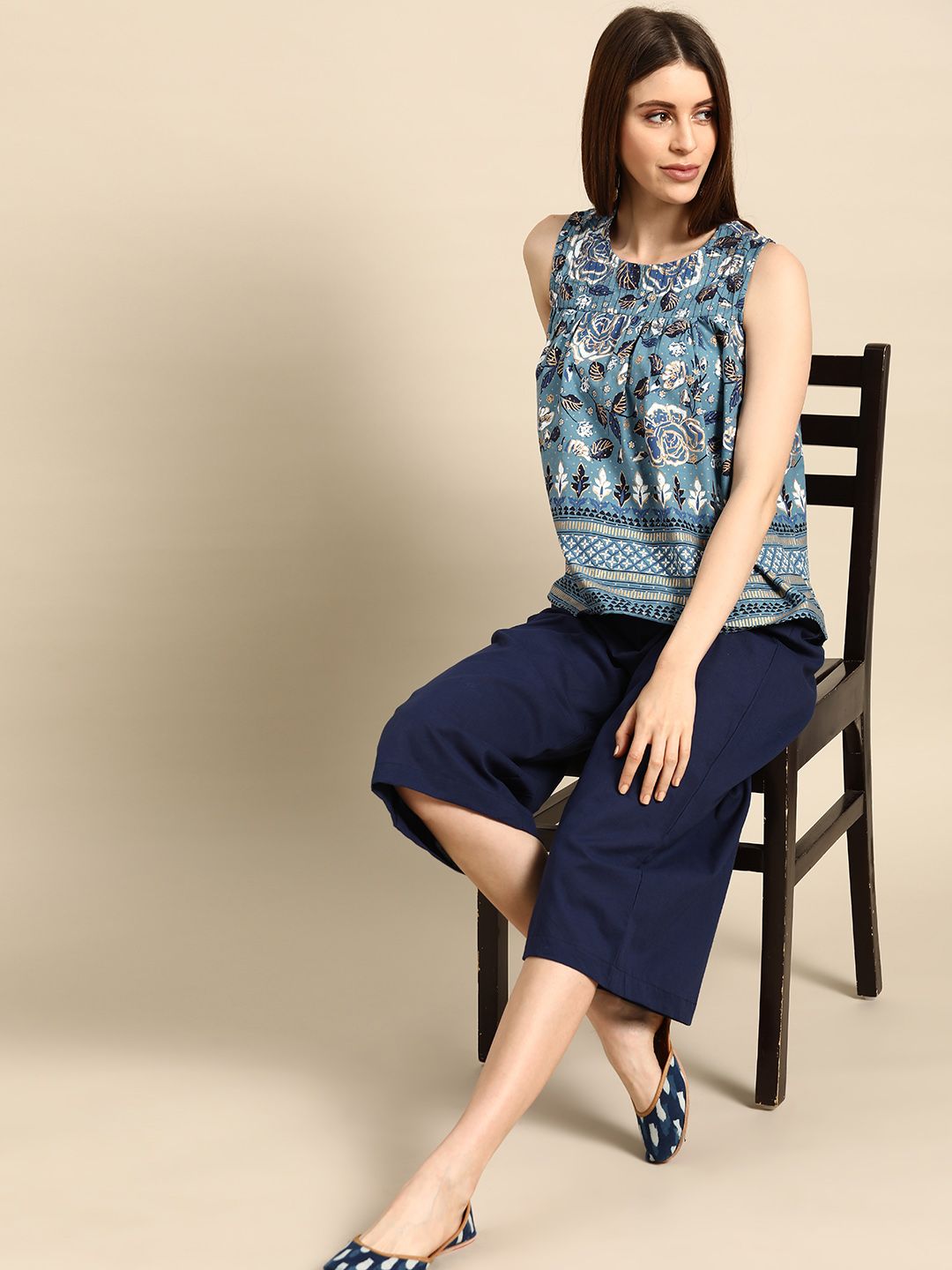 Anouk Women Blue & Golden Ethnic Motifs Print Pure Cotton Top with Solid Culottes Price in India