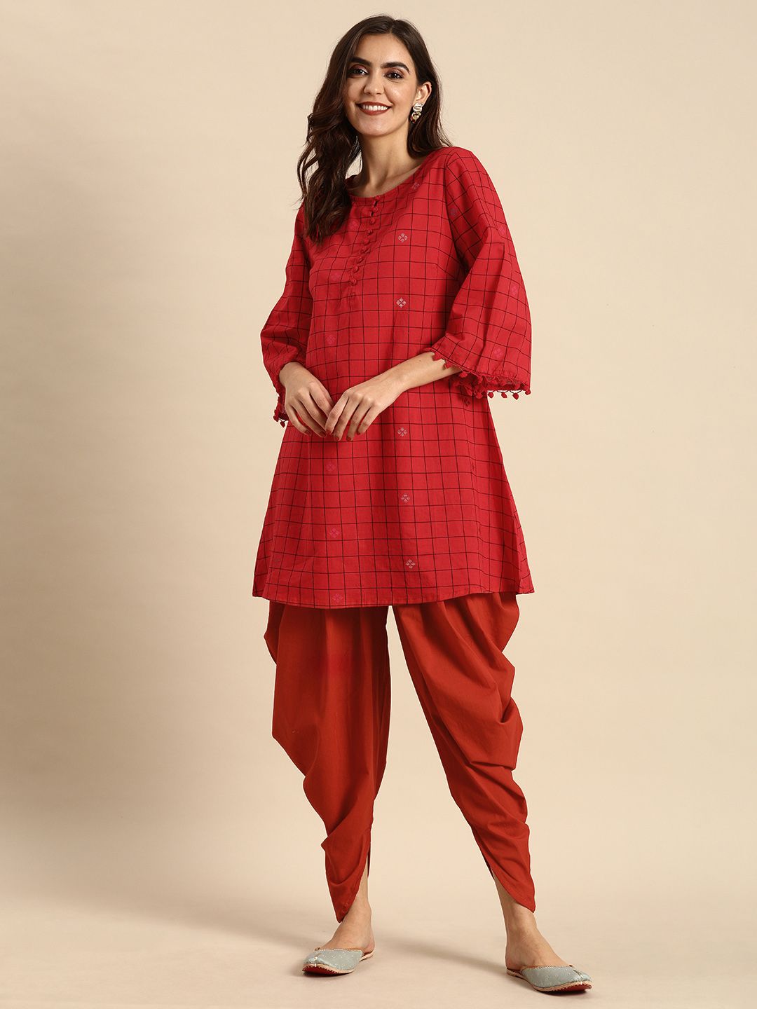 Anouk Women Red & Black Checked Kurti with Dhoti Pants