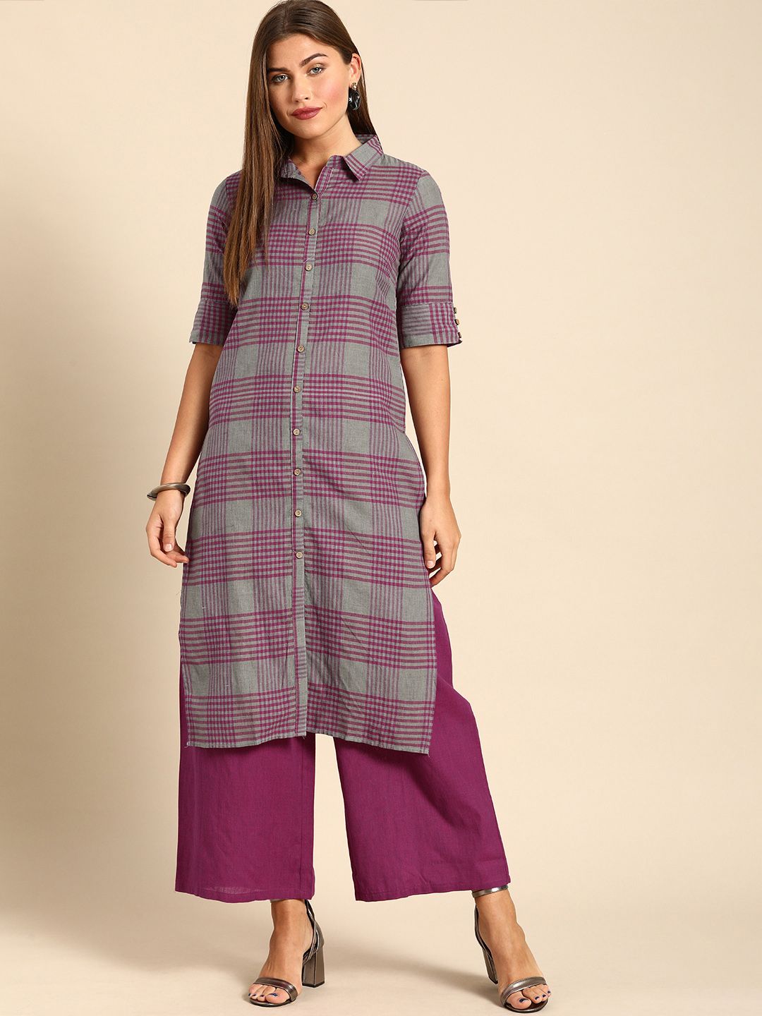 Anouk Women Grey & Purple Checked Kurta with Palazzos