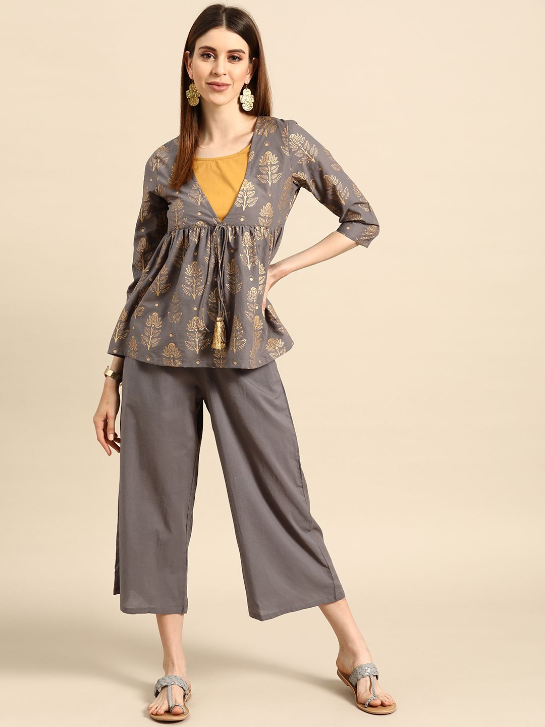 Anouk Women Charcoal Grey & Mustard Printed Top with Culottes