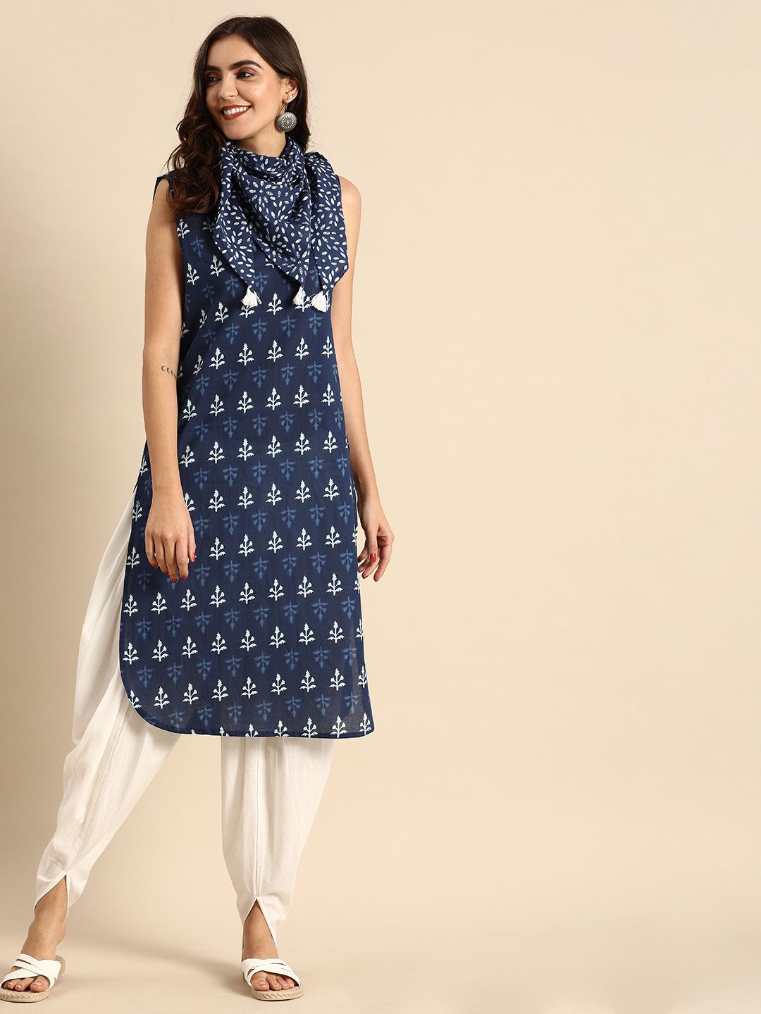 Anouk Women Navy Blue & White Printed Kurta with Dhoti Pants Price in India