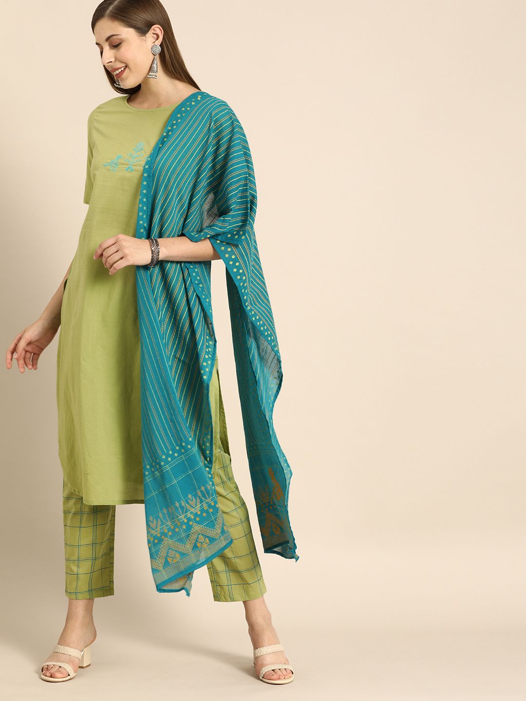 Anouk Women Green Solid Embroidery Detail Kurta with Trousers & Dupatta Price in India