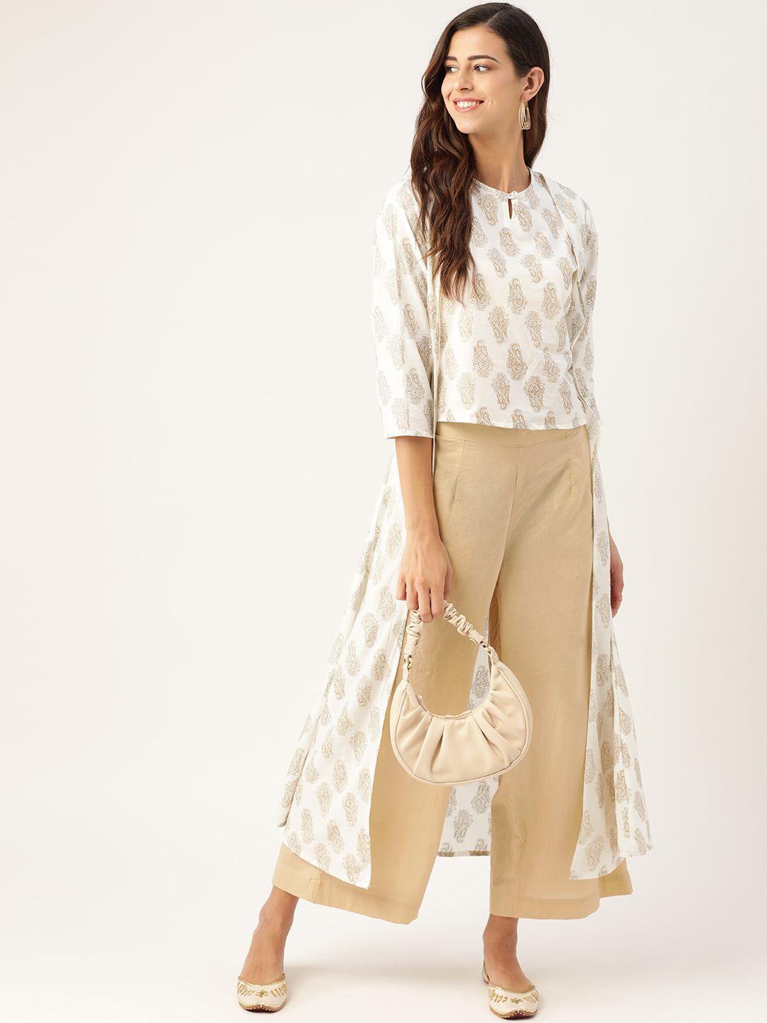 Anouk Women Off White Pure Cotton Ethnic Motifs Print Layered Top with Palazzos
