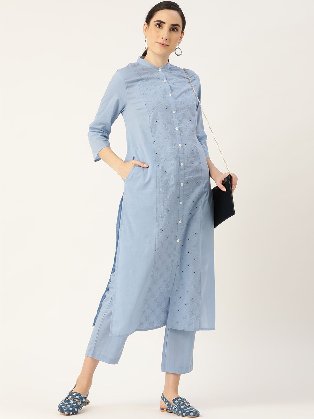 Anouk Women Blue Ethnic Motifs Embroidered Panelled Pure Cotton Kurta with Trousers Price in India