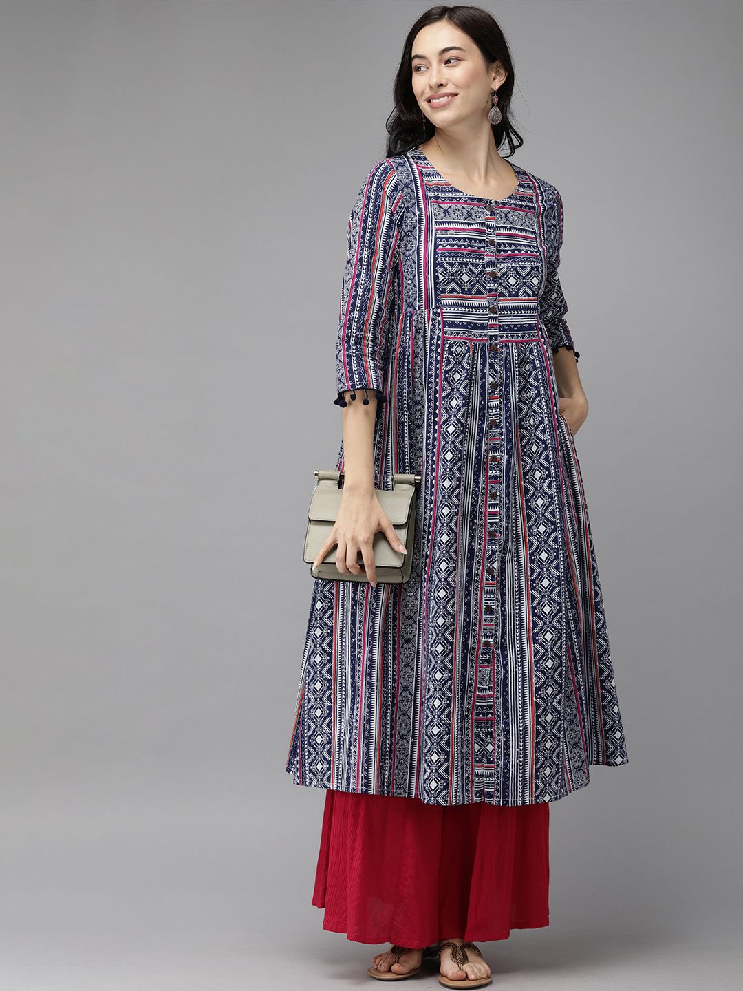 Anouk Women Blue & White Printed Anarkali Kurta Price in India