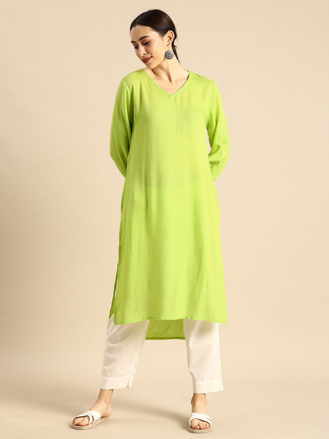 Anouk Women Fluorescent Green High Low Kurta Price in India
