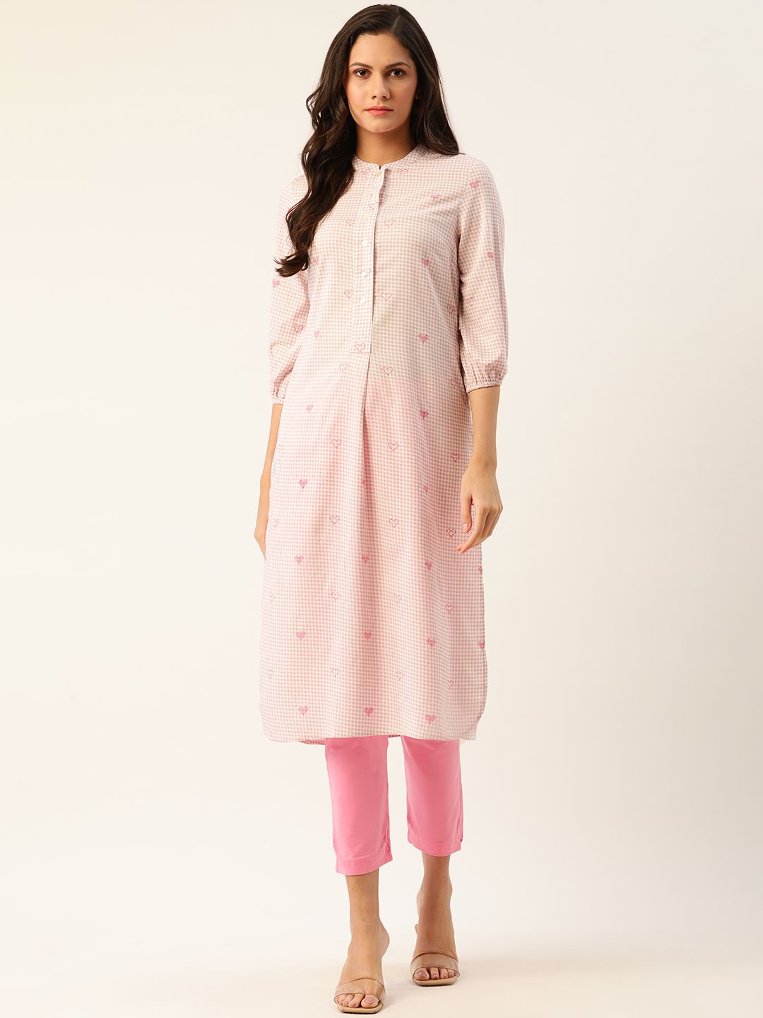 Anouk Women Pink Cotton Checked Pastels Kurta