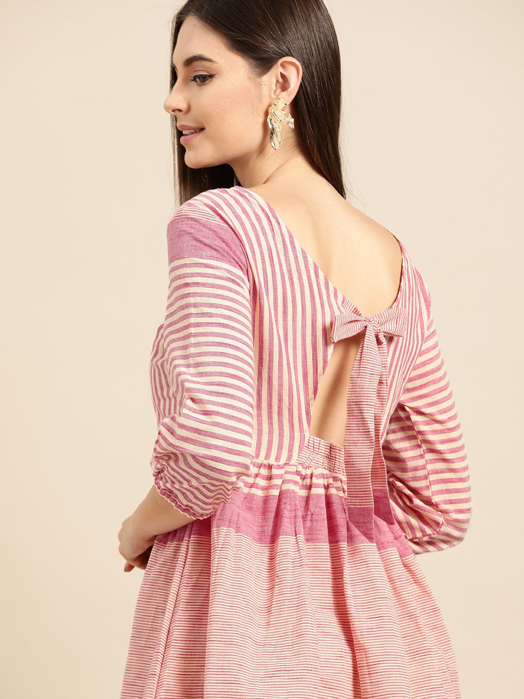 Anouk Women Pink & Off White Striped A-Line Kurta Price in India