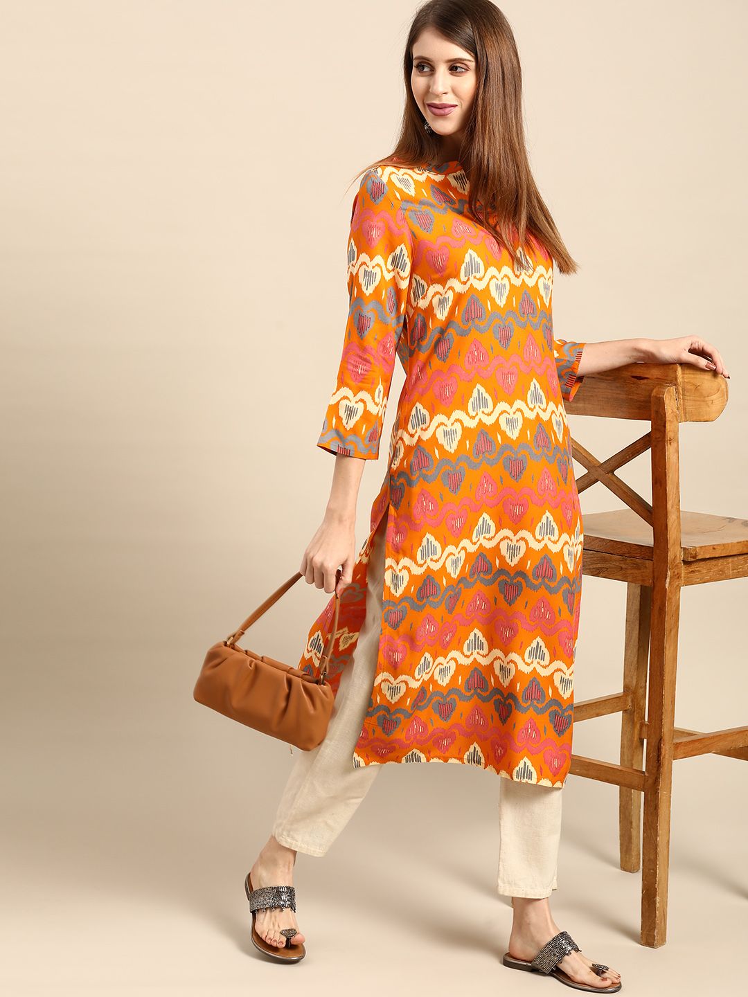 Anouk Women Orange & Grey Printed Kurta
