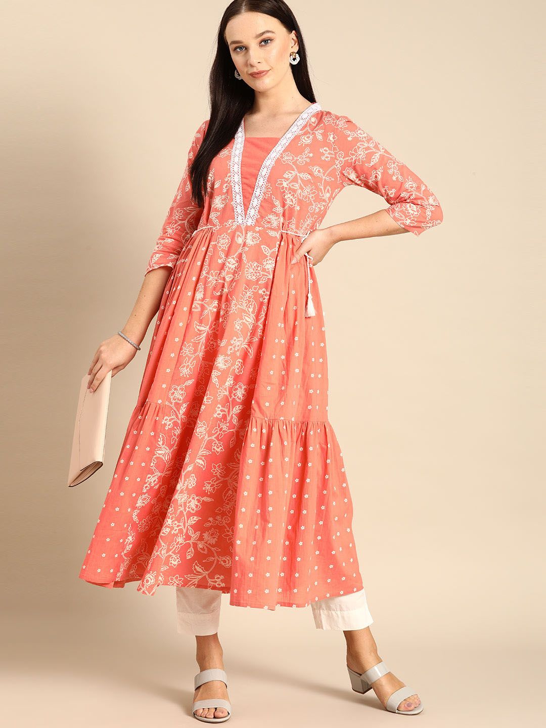Anouk Women Coral Orange & White Cotton Floral Print Panelled A-Line Kurta with Gathers