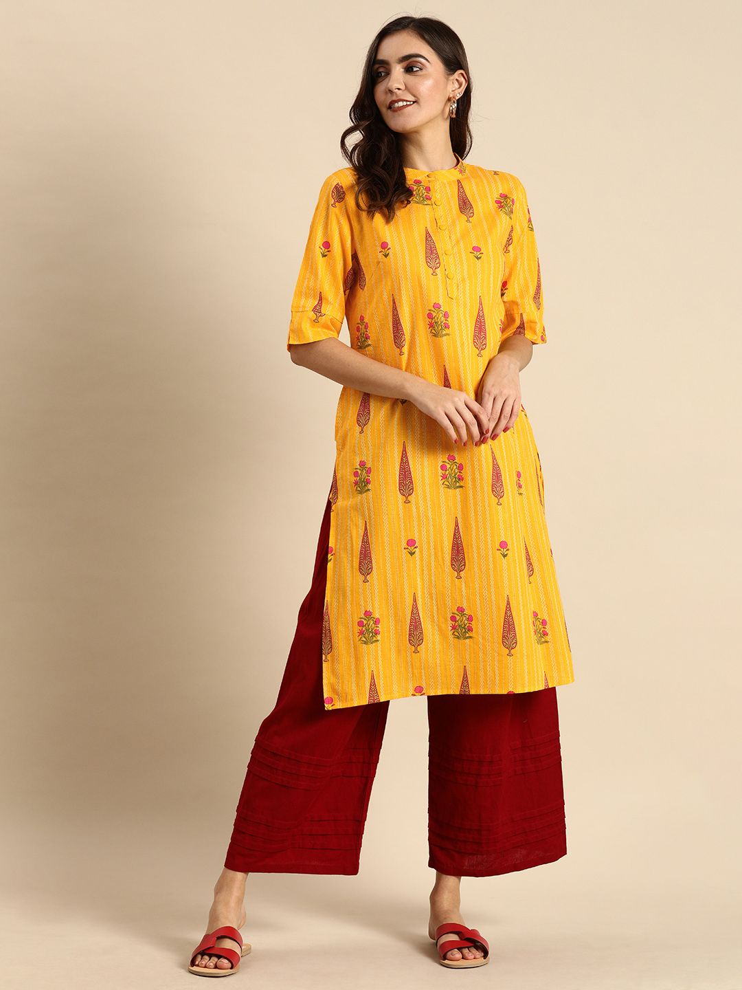 Anouk Women Mustard Yellow & White Ethnic Motifs Printed Kurta