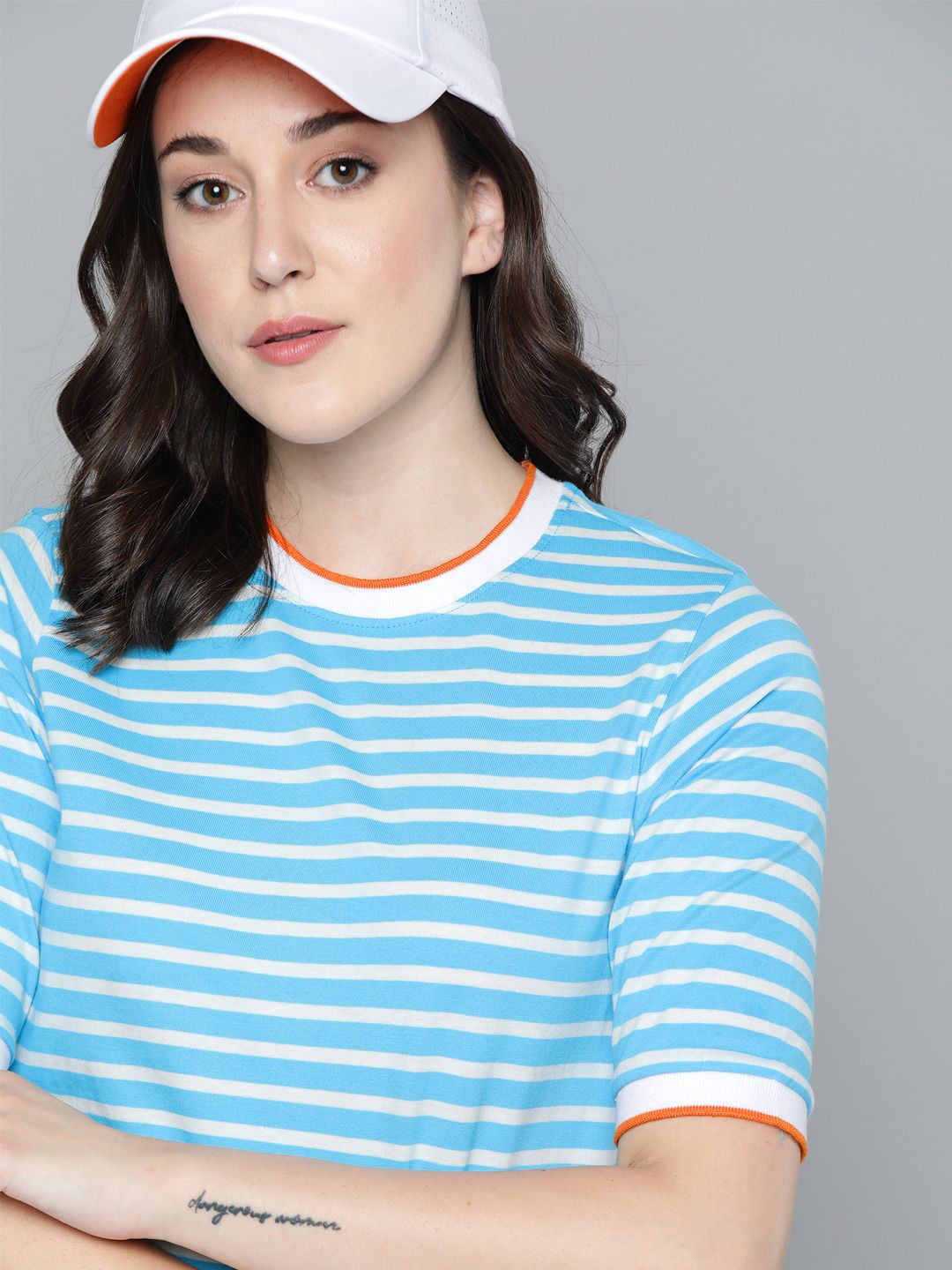 Harvard Women Blue & White Pure Cotton Striped Round Neck T-shirt