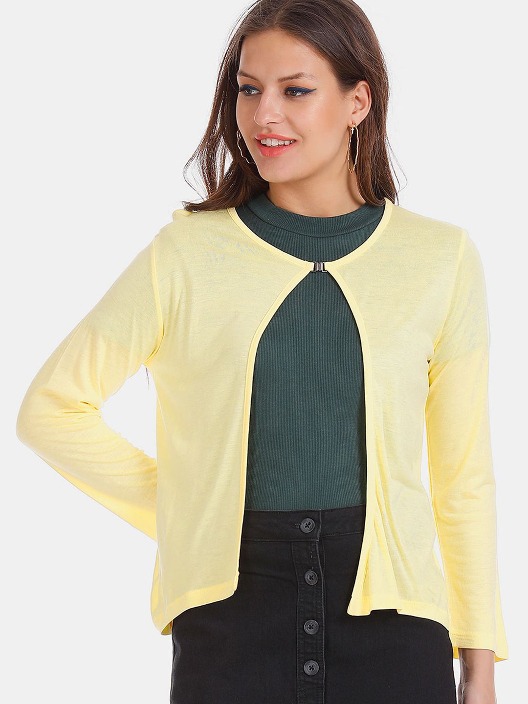 Sugr Women Yellow Solid Open-Front Shrug Price in India