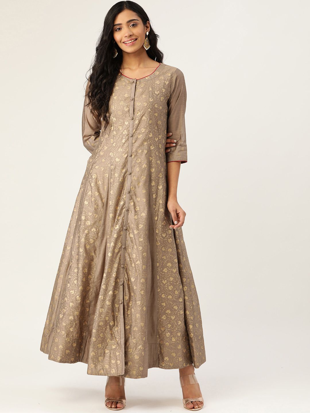 Laabha Women Beige & Golden Printed Maxi Dress