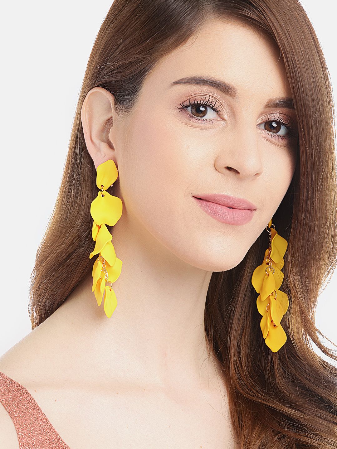 YouBella Yellow Solid Floral Petal Drop Earrings Price in India
