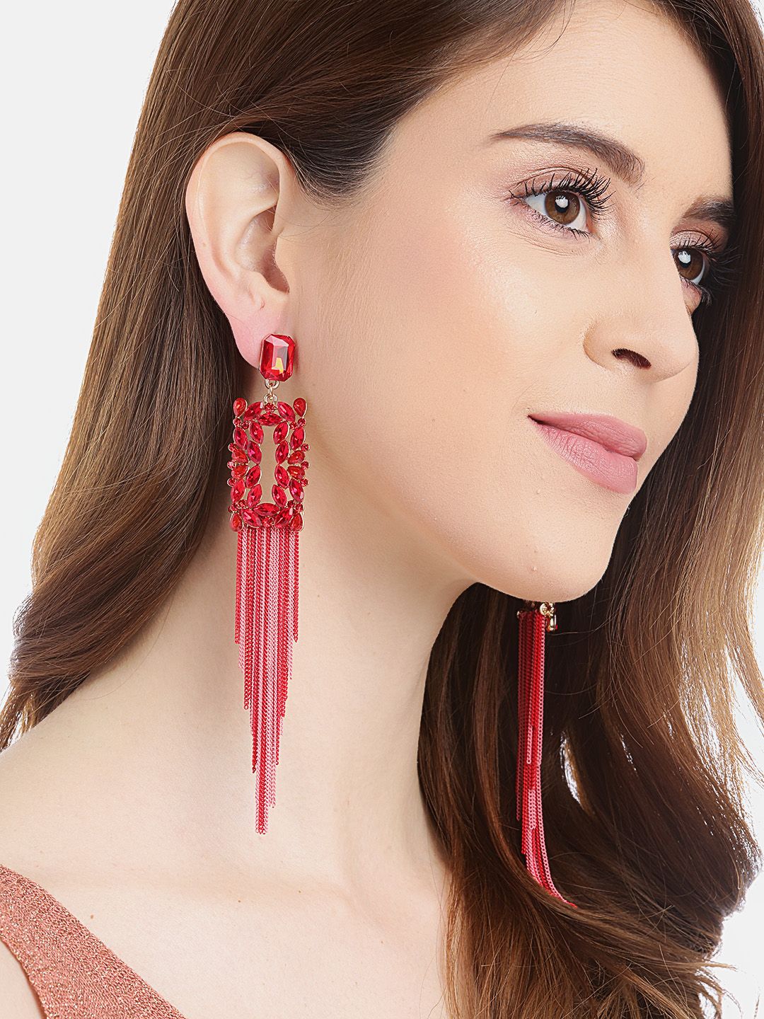 YouBella Red & Pink Stone-Studded Tasselled Geometric Drop Earrings Price in India