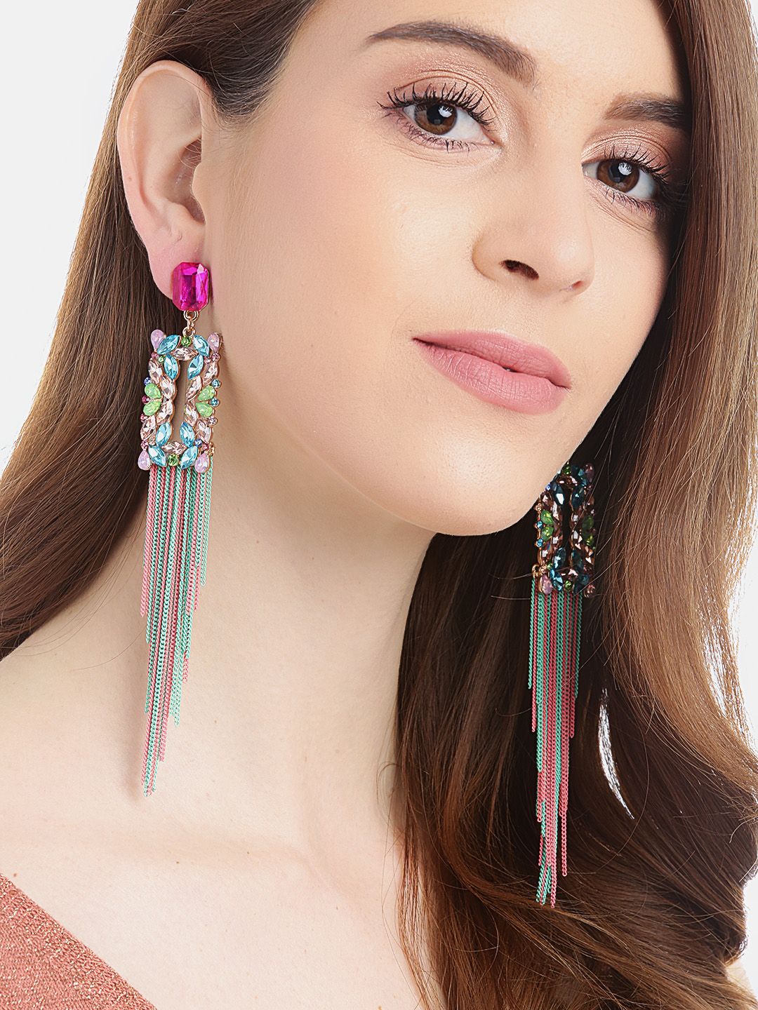 YouBella Multicoloured Stone-Studded Tasselled Geometric Drop Earrings Price in India