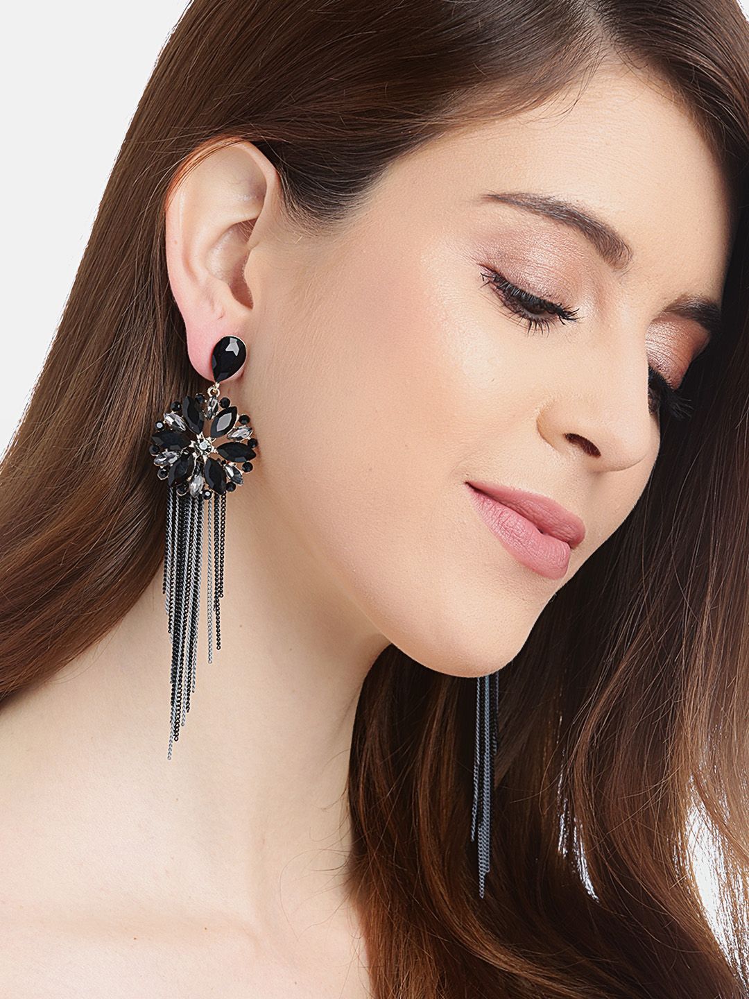 YouBella Black & Grey Stone-Studded Tasselled Floral Drop Earrings Price in India