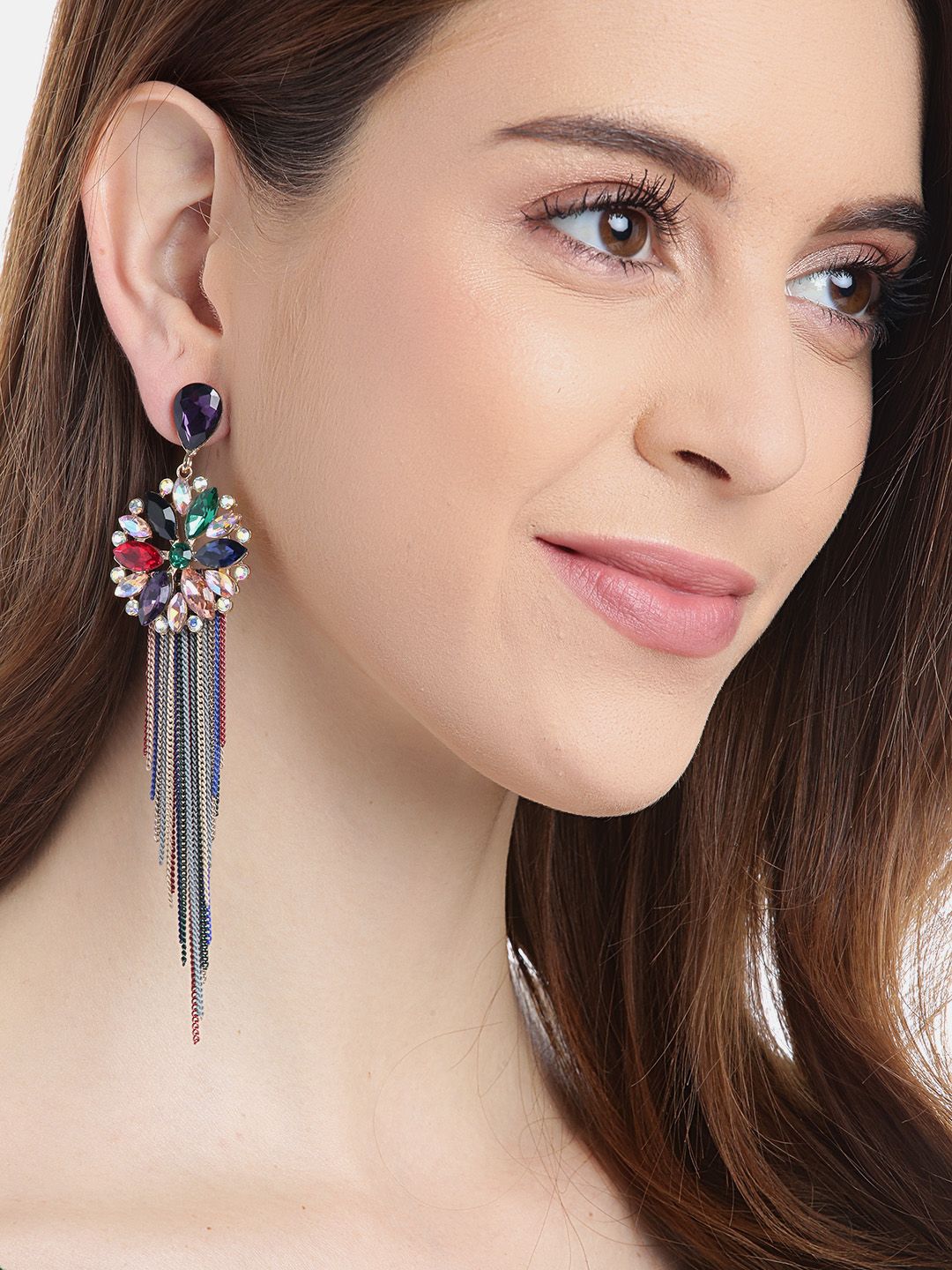 YouBella Navy Blue & Black Floral Tasselled Drop Earrings Price in India