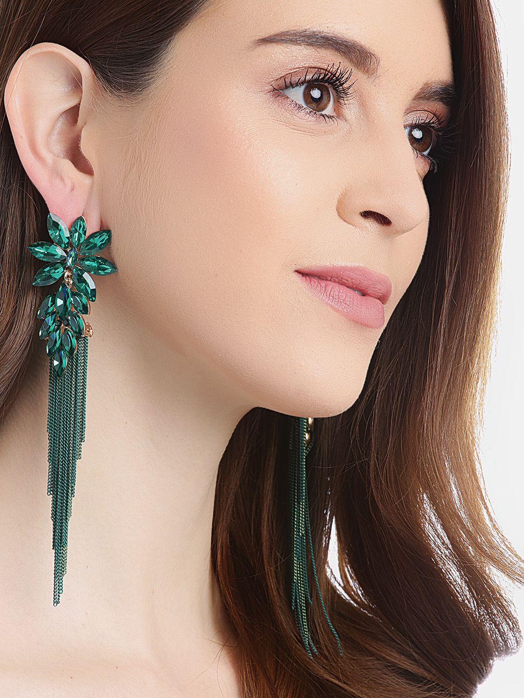 YouBella Green Stone-Studded Tasselled Floral Drop Earrings Price in India