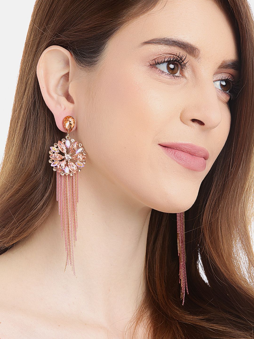 YouBella Peach-Coloured & Gold-Toned Stone-Studded Tasselled Floral Drop Earrings Price in India