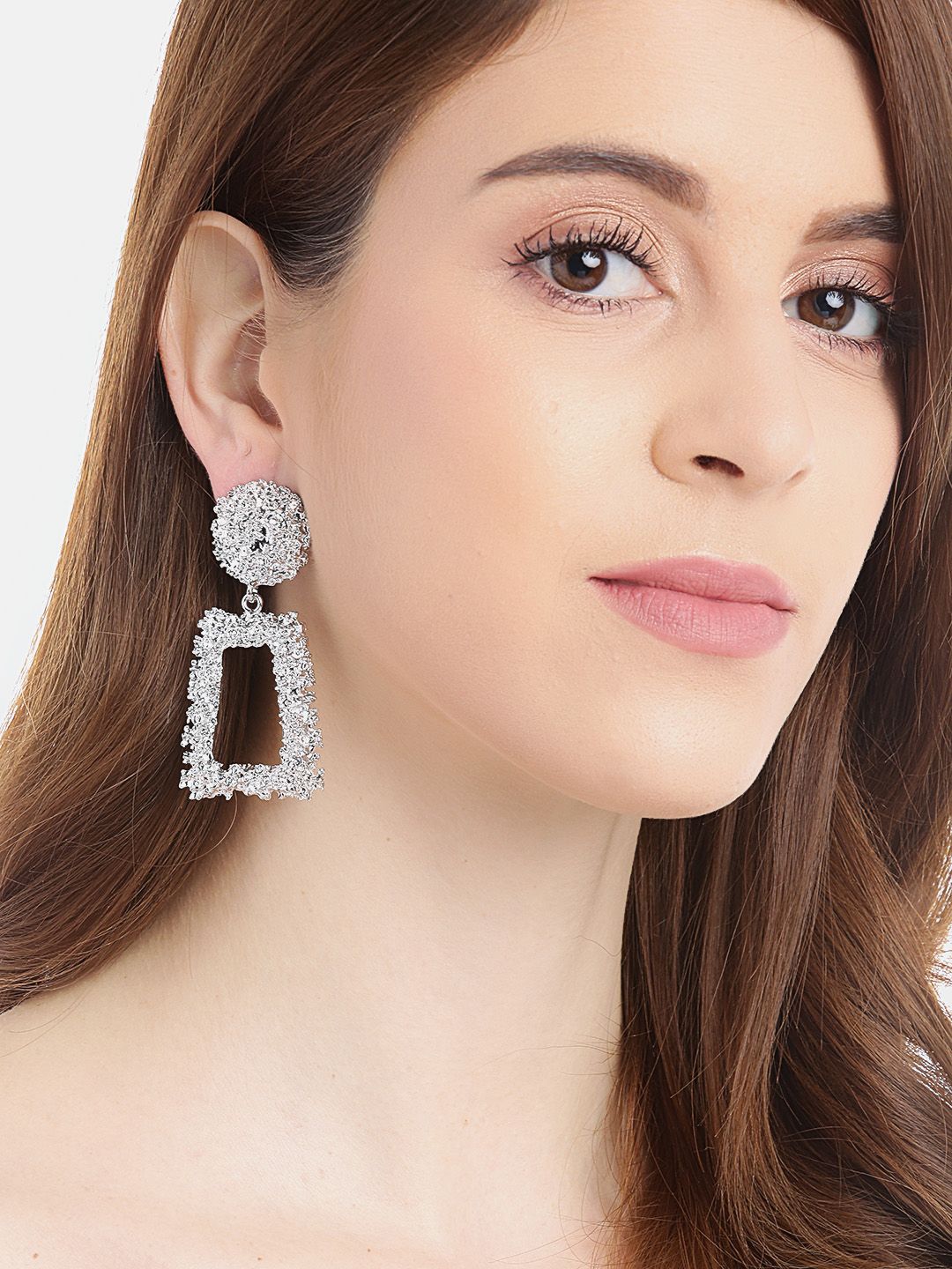 YouBella Silver-Toned Textured Geometric Drop Earrings Price in India