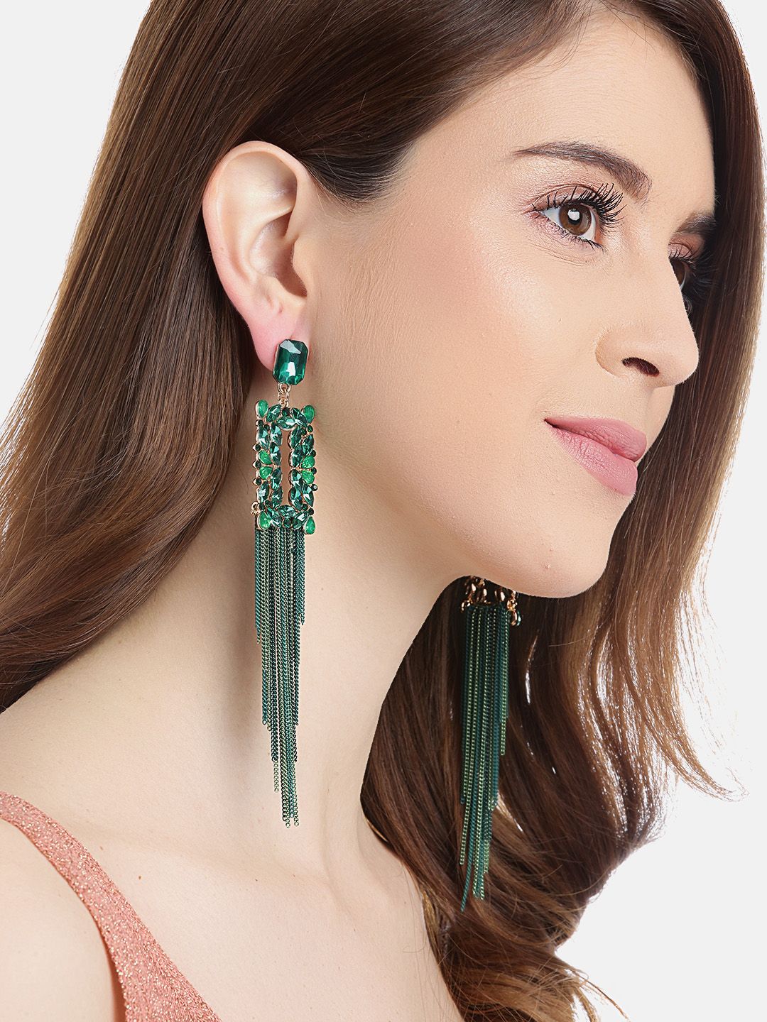 YouBella Green Artificial Stone Studded Geometric Tasselled Drop Earrings Price in India