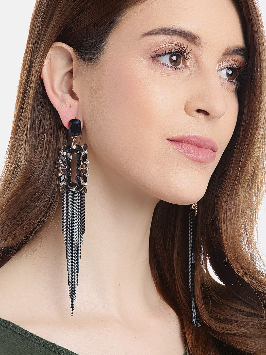 YouBella Black & Grey Artificial Stone Studded Tasselled Geometric Drop Earrings Price in India